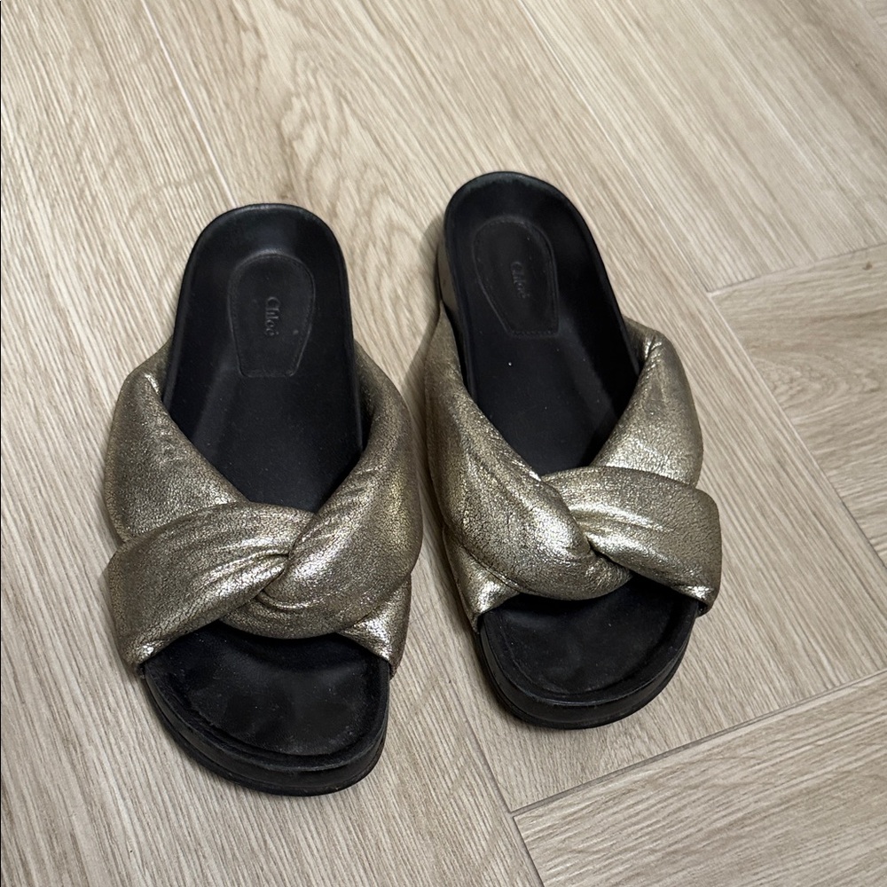 Chloe Metallic Gold Slide Sandals